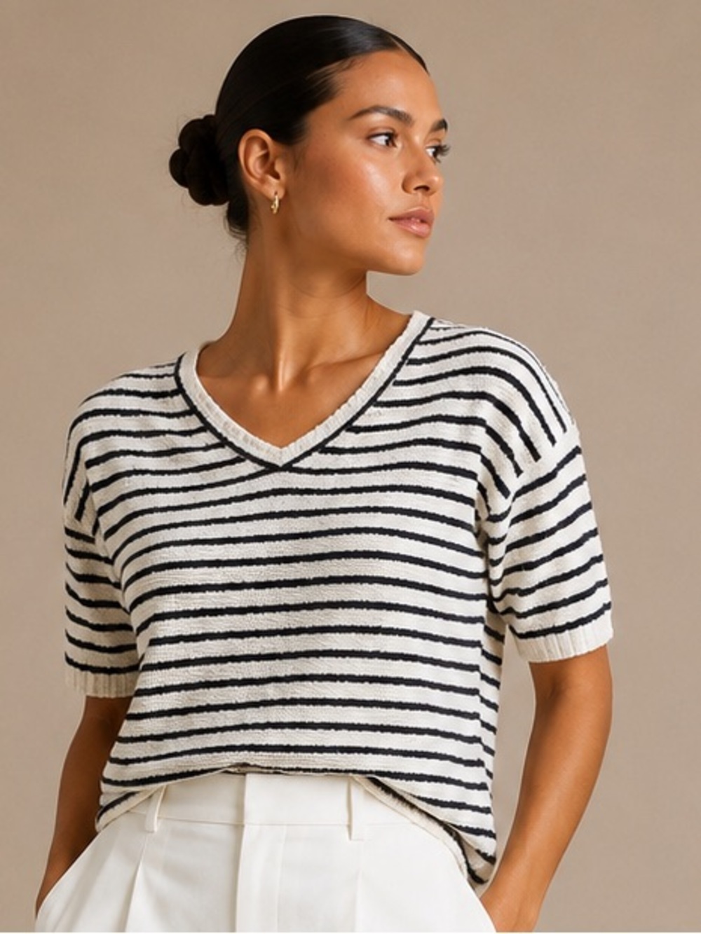 Wishlist Striped Textured V-Neck Sweater Top Size Large Coastal Chic